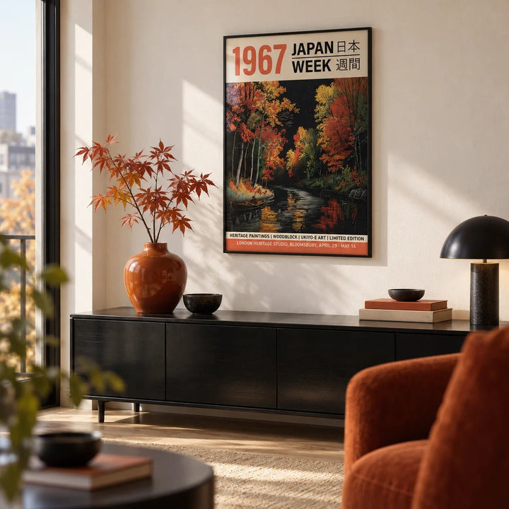Japanese Woodblock Artwork, framed on the wall of a Japanese-modern city-flat living room
