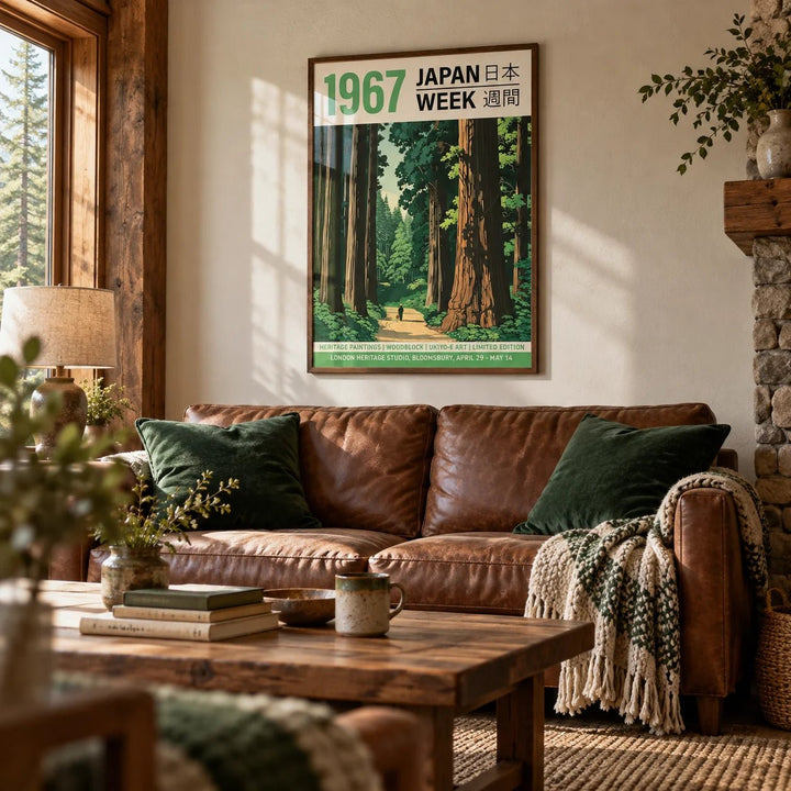 Japanese Woodblock Prints for Sale, framed on the wall of a cosy cabin-style living room
