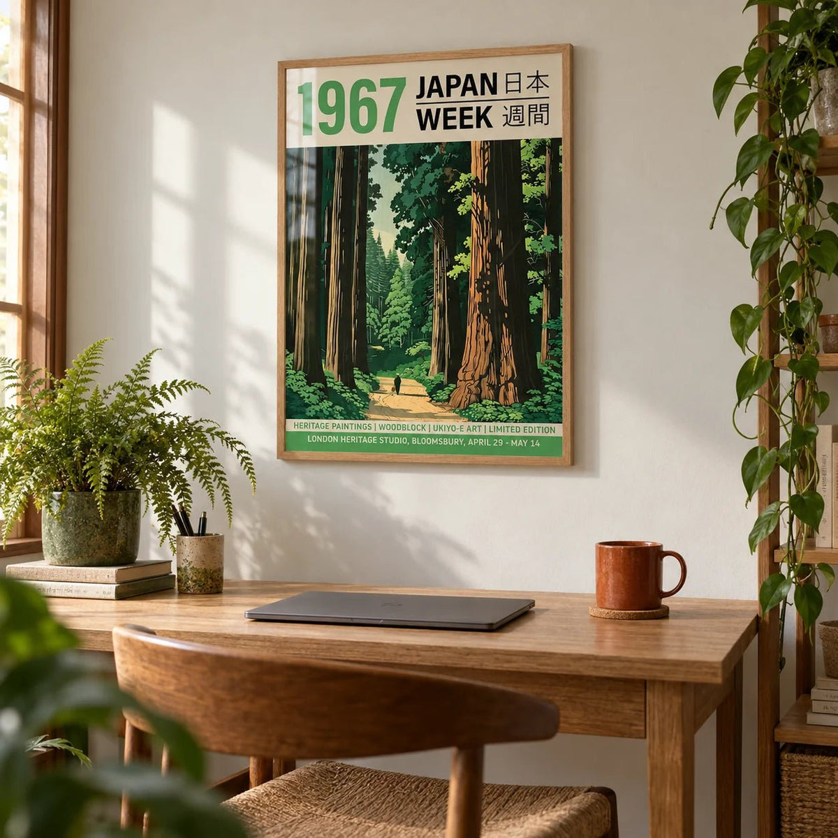 Japanese Woodblock Prints for Sale, framed on the wall of a home office with plants