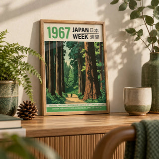Japanese Woodblock Prints for Sale, a small A4 framed print leaning on an oak shelf in a living room