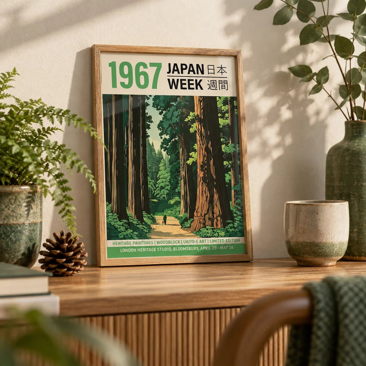 Japanese Woodblock Prints for Sale, a small A4 framed print leaning on an oak shelf in a living room
