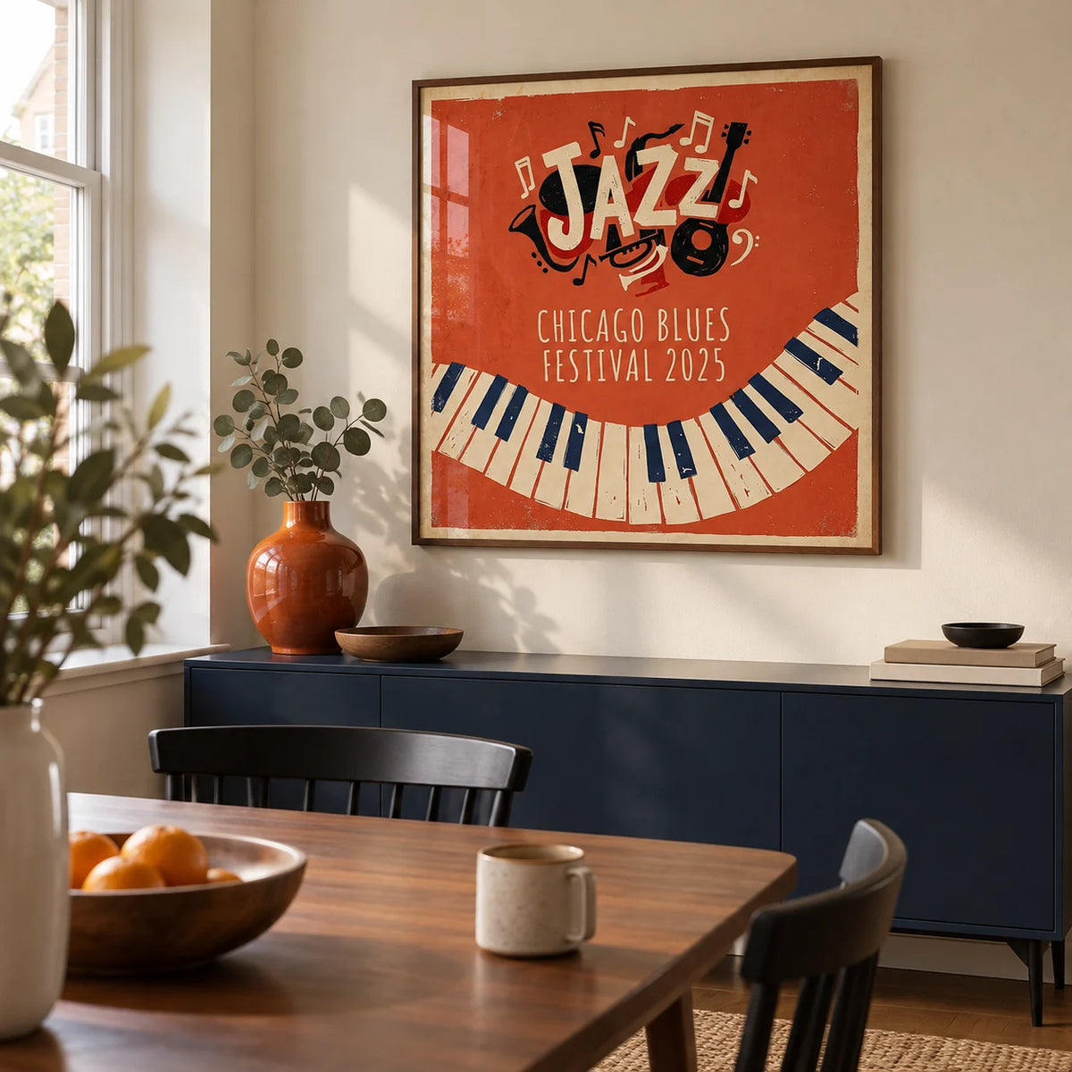 Jazz Art Print, framed on the wall of a compact dining nook in a design-conscious UK flat with a cream wall and a simple walnut dining table