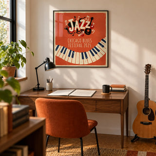Jazz Art Print, framed on the wall of a musician's home study in a converted spare room with warm white walls and cork flooring