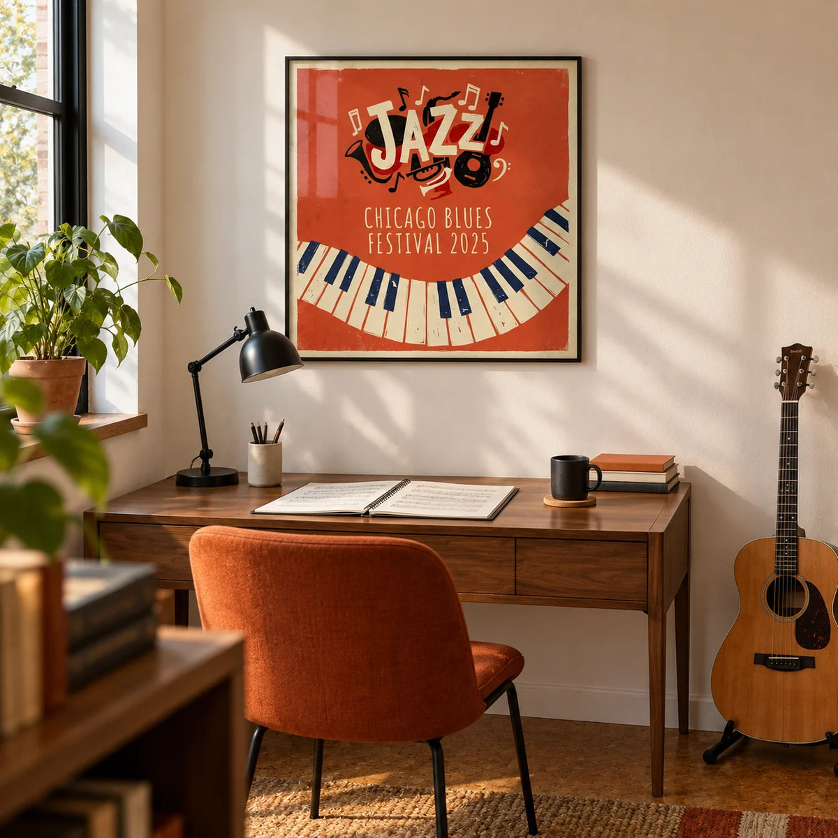 Jazz Art Print, framed on the wall of a musician's home study in a converted spare room with warm white walls and cork flooring