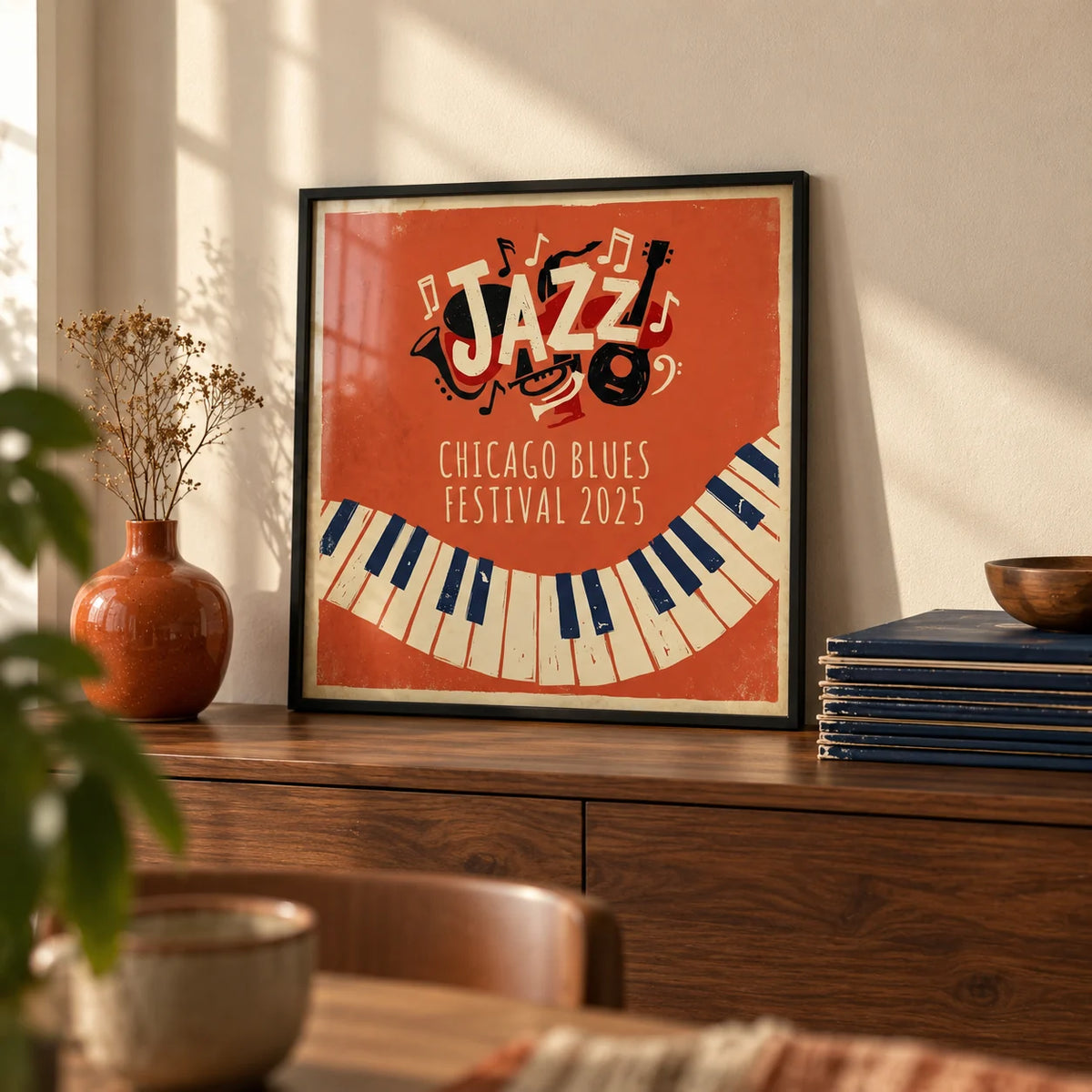 Jazz Art Print, a small A4 framed print leaning on a walnut sideboard in a living room