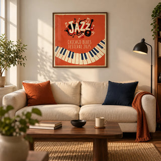 Jazz Art Print, framed on the wall of a warm modern living room in a UK city flat with ivory walls and a walnut floor
