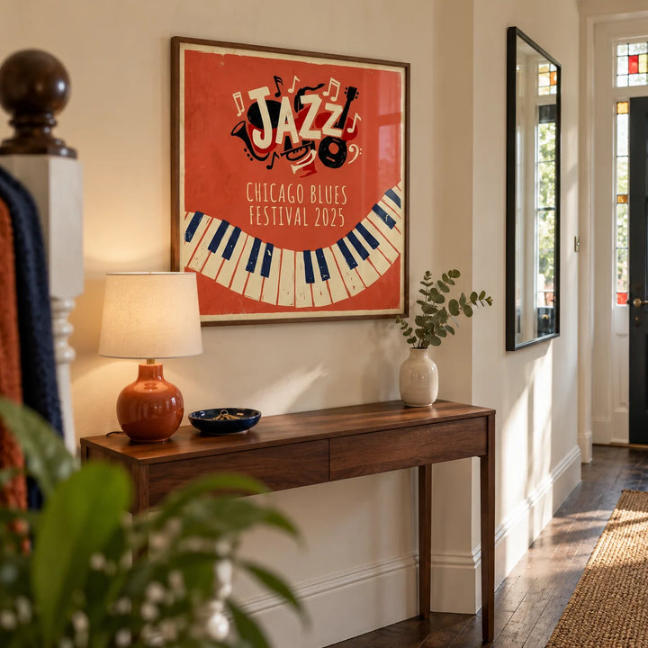 Jazz Art Print, framed on the wall of a welcoming hallway in a UK terraced house with cream plaster walls and dark wooden floorboards