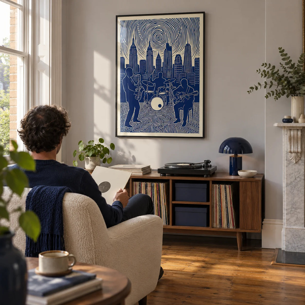 Jazz Band Wall Art, framed on the wall of a dedicated listening corner in a Victorian terrace with a pale grey wall in a living room
