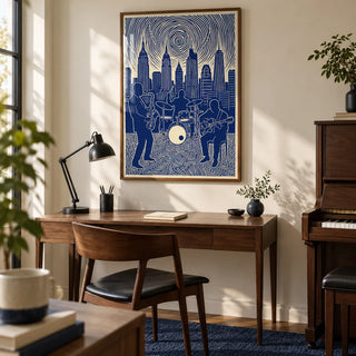 Jazz Band Wall Art, framed on the wall of a musician's home study with an ivory wall and a plain navy wool rug
