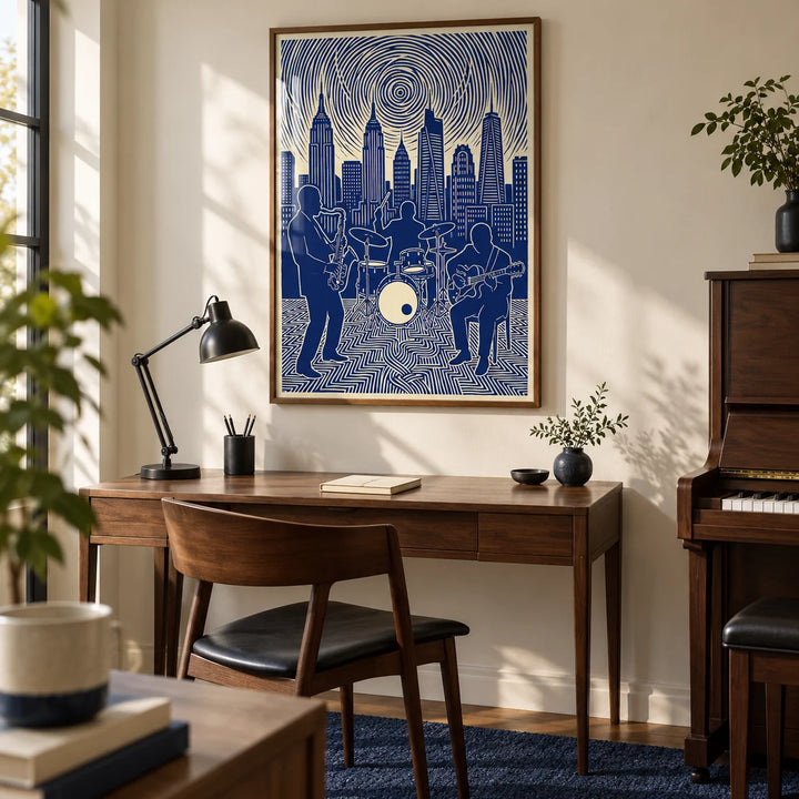 Jazz Band Wall Art, framed on the wall of a musician's home study with an ivory wall and a plain navy wool rug