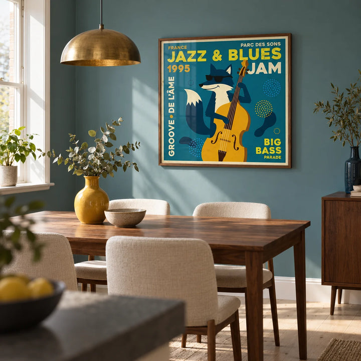 Jazz Blues Art, framed on the wall of a compact modern dining room in a UK terrace with a muted teal wall and a pale timber floor