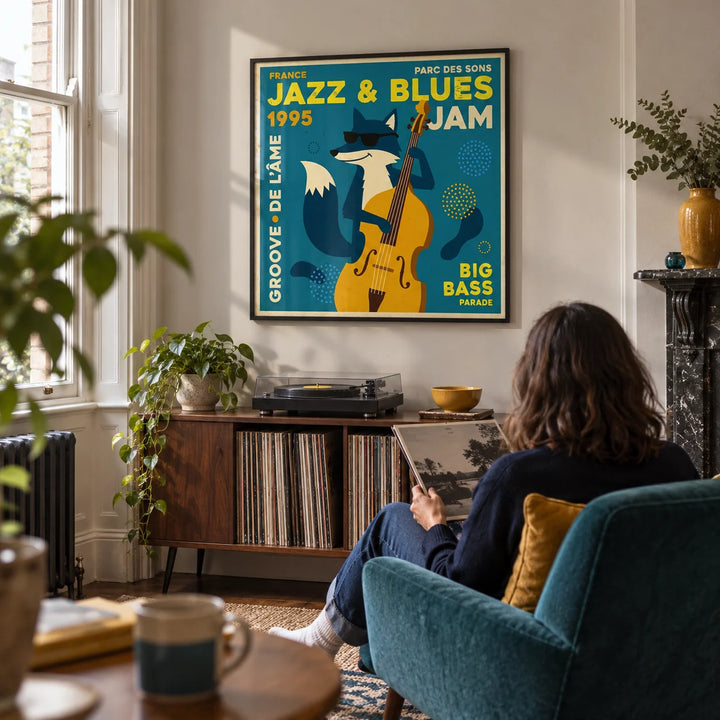 Jazz Blues Art, framed on the wall of a dedicated listening corner in a Victorian terrace with a pale warm grey wall in a living room