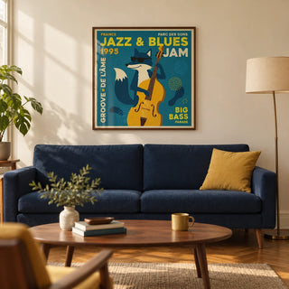 Jazz Blues Art, framed on the wall of a mid-century living room in a UK city flat with a warm cream wall and oak parquet