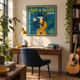 Jazz Blues Art, framed on the wall of a music-loving adult's home study with a cream wall and dark timber shelving