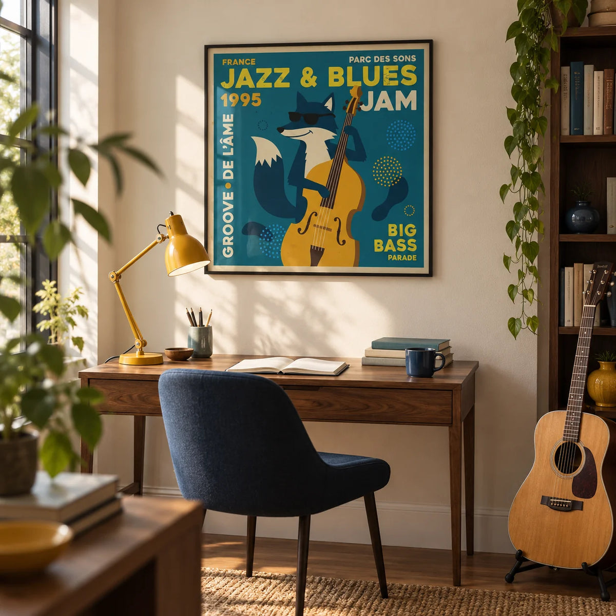Jazz Blues Art, framed on the wall of a music-loving adult's home study with a cream wall and dark timber shelving