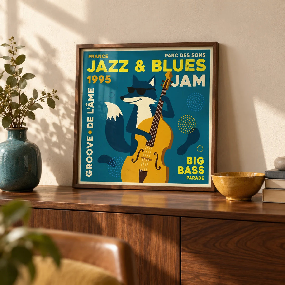 Jazz Blues Art, a small A4 framed print leaning on a walnut sideboard in a living room