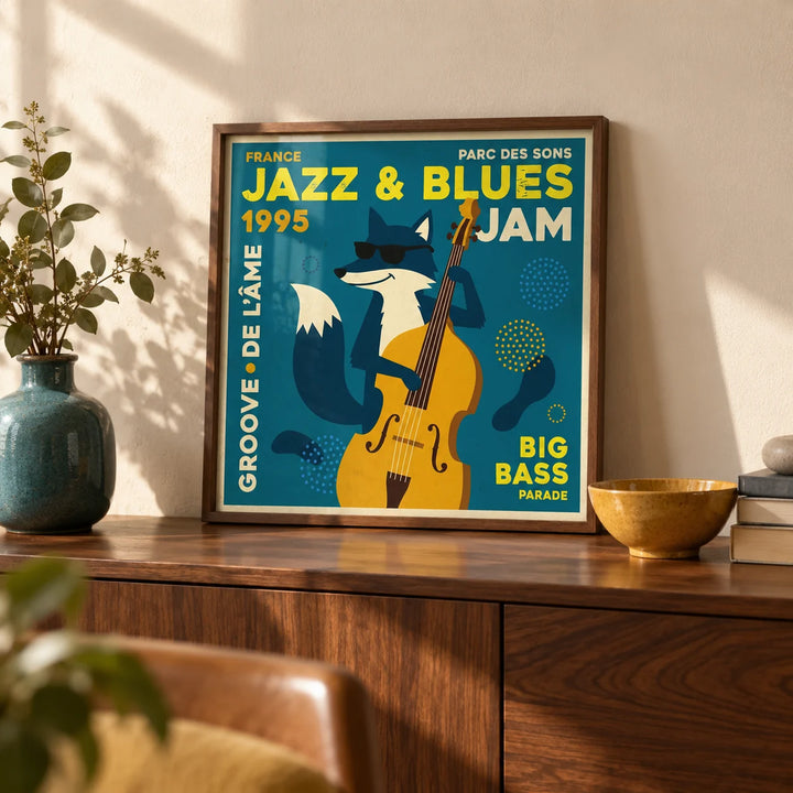 Jazz Blues Art, a small A4 framed print leaning on a walnut sideboard in a living room