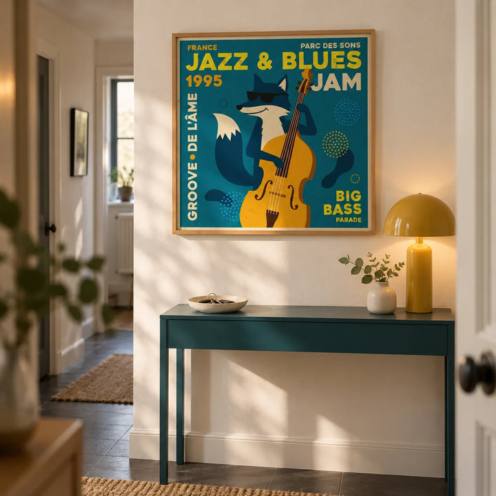 Jazz Blues Art, framed on the wall of a welcoming hallway in a contemporary UK flat with a warm white wall and a charcoal floor