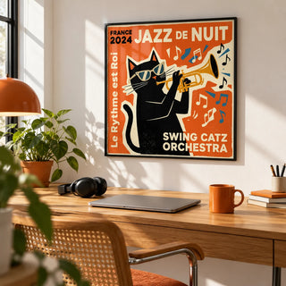 Jazz Cat Art, framed on the wall of a creative home office with a white wall