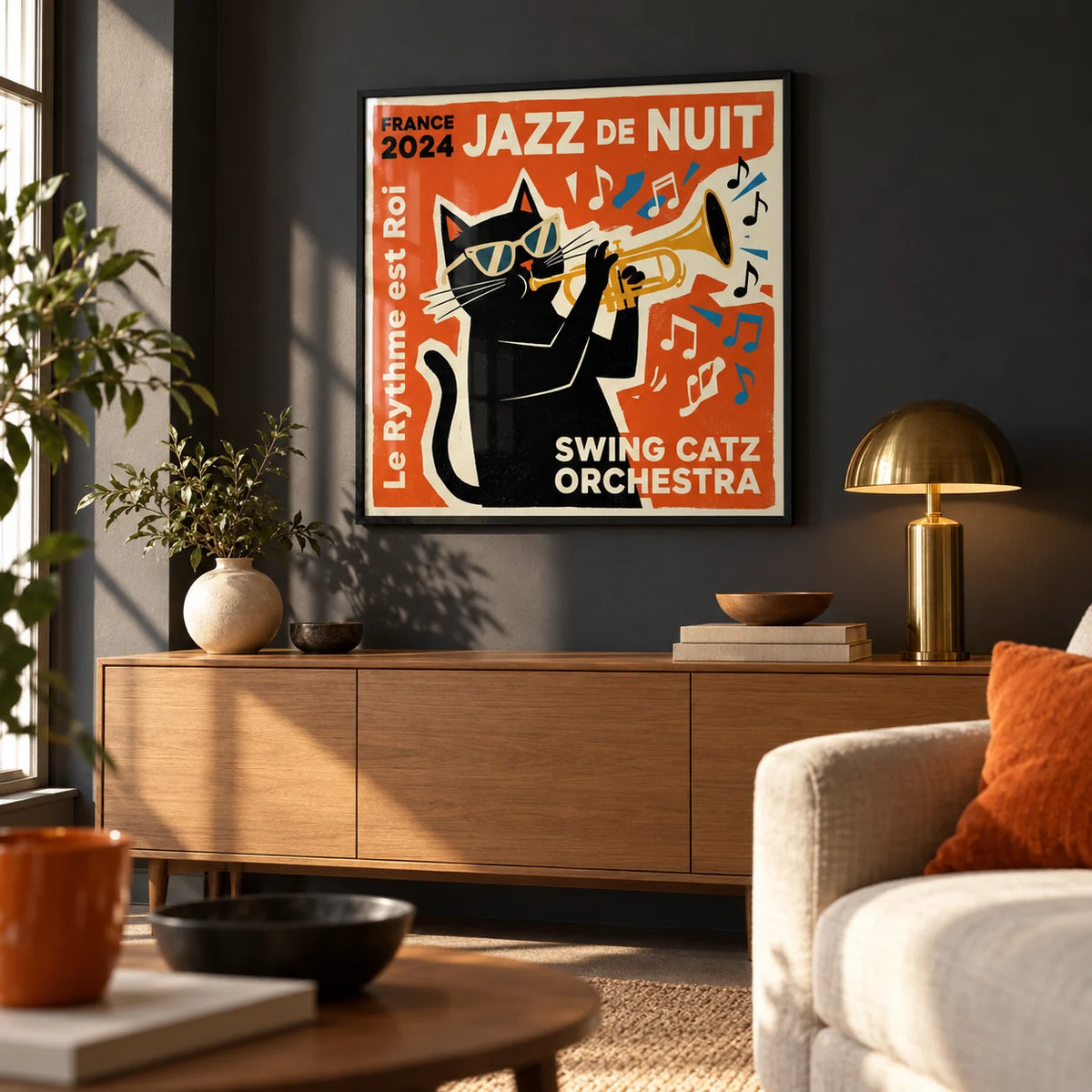 Jazz Cat Art, framed on the wall of a design-led city-flat living room with a charcoal wall