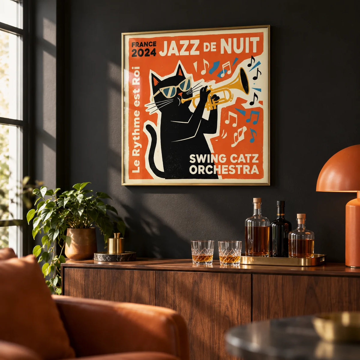 Jazz Cat Art, framed on the wall of a home bar corner with a black painted wall in a living room