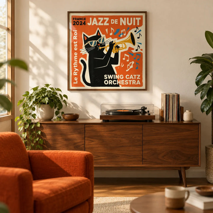 Jazz Cat Art, framed on the wall of a mid-century listening room with a warm cream wall in a living room