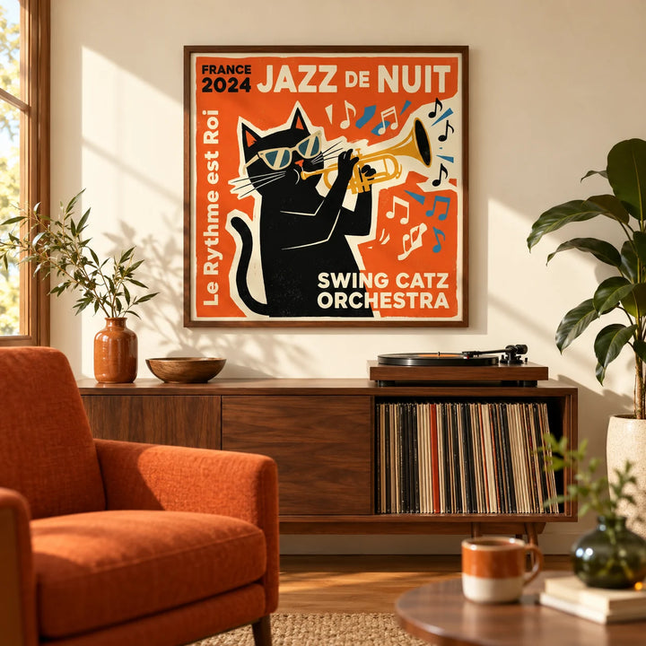 Jazz Cat Art, framed on the wall of a mid-century listening room with a warm cream wall in a living room