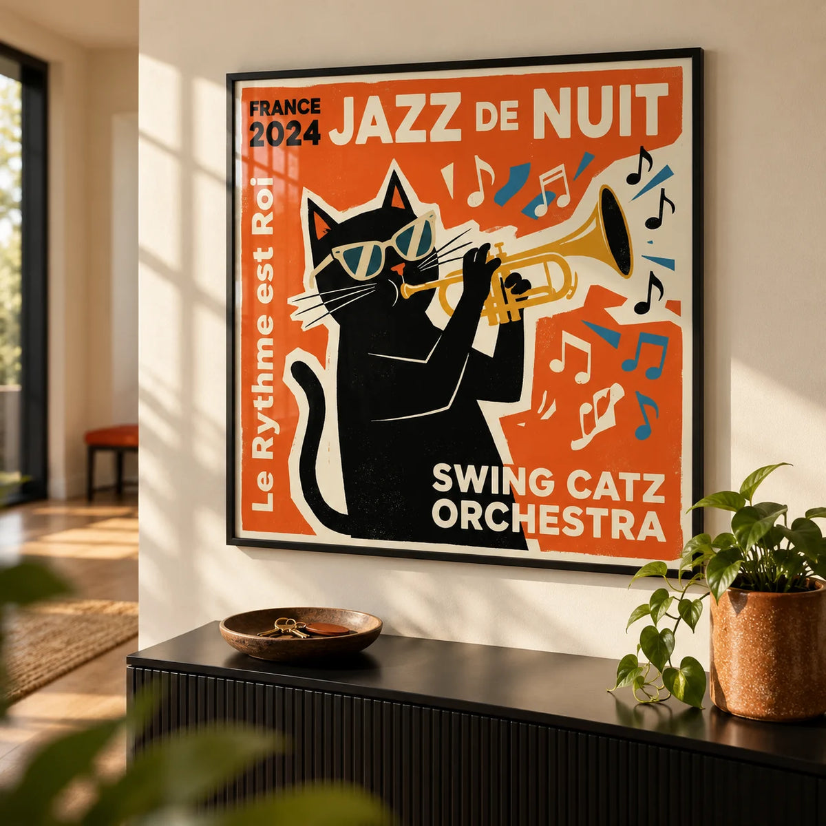 Jazz Cat Art, framed on the wall of a modern hallway with a cream wall