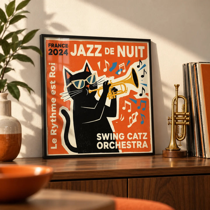 Jazz Cat Art, a small A4 framed print leaning on a walnut shelf in a living room