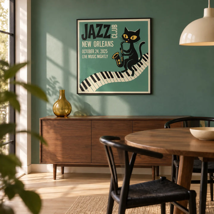 Jazz Club Art Print, framed on the wall of a compact modern dining room with a muted teal green wall and pale timber floor