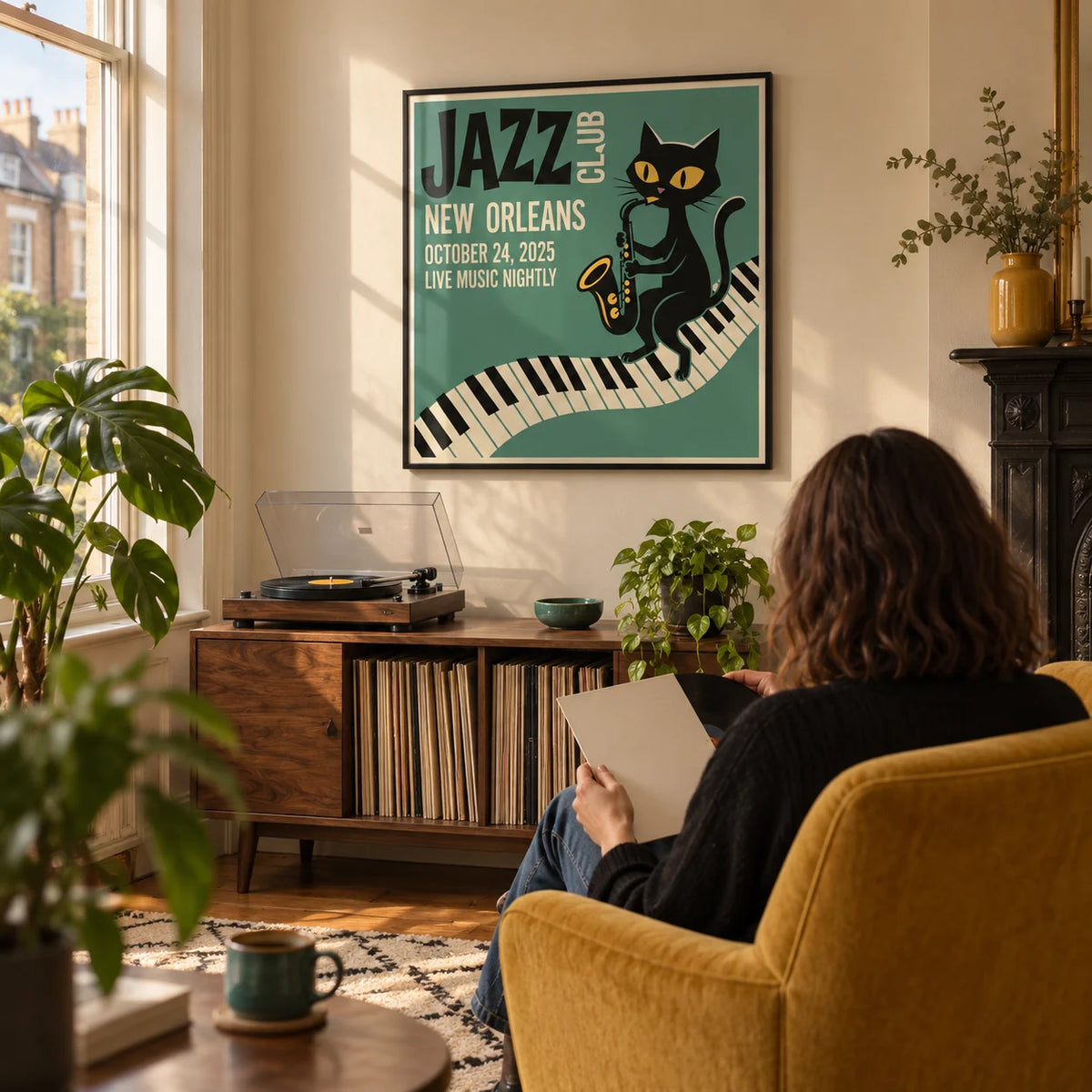 Jazz Club Art Print, framed on the wall of a dedicated music corner in a Victorian terrace with a warm off-white wall in a living room