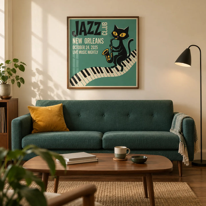 Jazz Club Art Print, framed on the wall of a mid-century living room in a UK city flat with warm cream walls and walnut floorboards