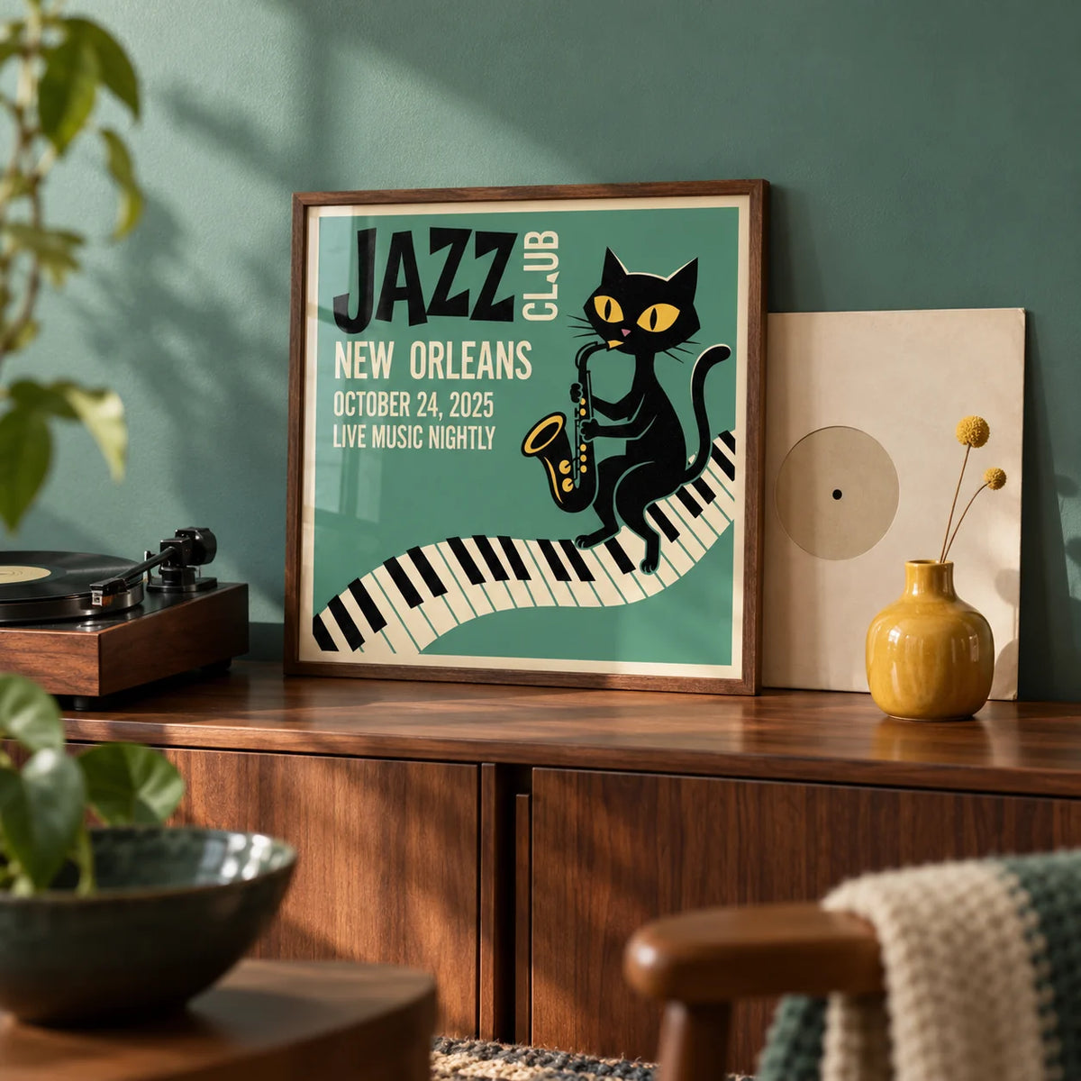 Jazz Club Art Print, a small A4 framed print leaning on a walnut sideboard in a living room