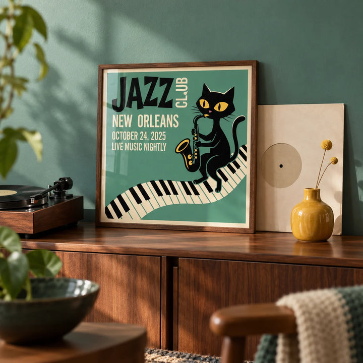 Jazz Club Art Print, a small A4 framed print leaning on a walnut sideboard in a living room