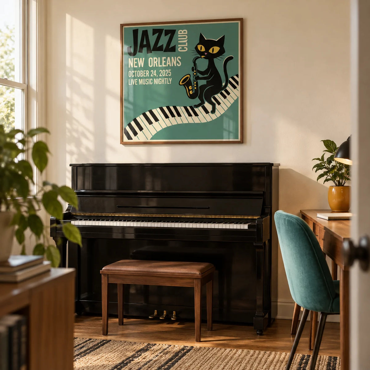 Jazz Club Art Print, framed on the wall of a small home music study with cream walls and a black upright piano with no visible maker lettering