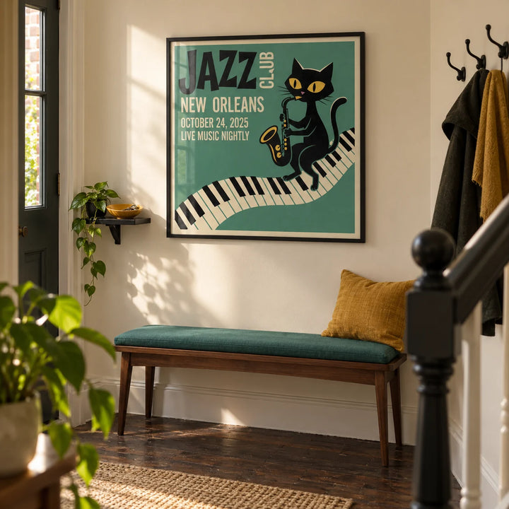 Jazz Club Art Print, framed on the wall of a welcoming hallway in a renovated UK terrace with a warm cream wall and dark timber floor