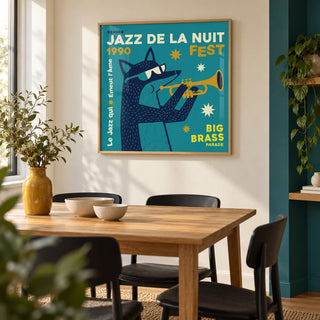 Jazz Festival Art Print, framed on the wall of a compact modern dining room in a first home for a couple aged 25-35