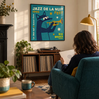 Jazz Festival Art Print, framed on the wall of a dedicated listening corner in a Victorian terrace with a warm white wall in a living room