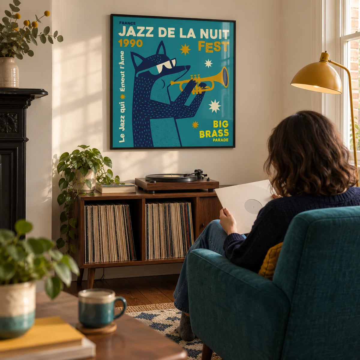 Jazz Festival Art Print, framed on the wall of a dedicated listening corner in a Victorian terrace with a warm white wall in a living room