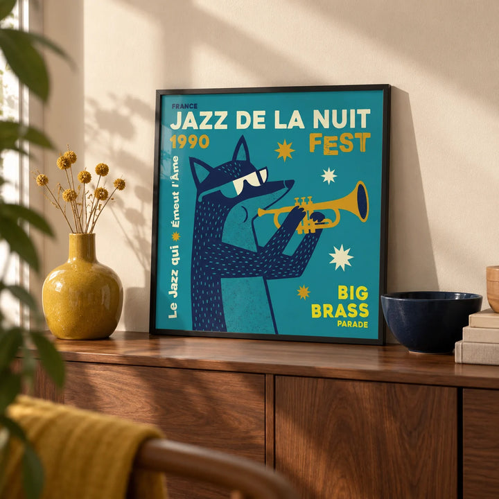 Jazz Festival Art Print, a small A4 framed print leaning on a walnut sideboard in a living room