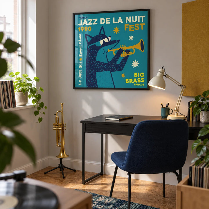 Jazz Festival Art Print, framed on the wall of a small home music studio in a UK flat with pale grey walls and a cork floor in a home office