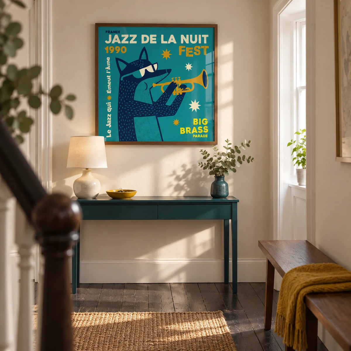 Jazz Festival Art Print, framed on the wall of a welcoming hallway in a renovated UK terrace with cream plaster walls and plain dark floorboards