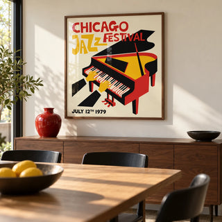 Jazz Festival Poster, framed on the wall of a modern dining room with a cream wall