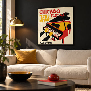 Jazz Festival Poster, framed on the wall of a modern living room with a black painted wall