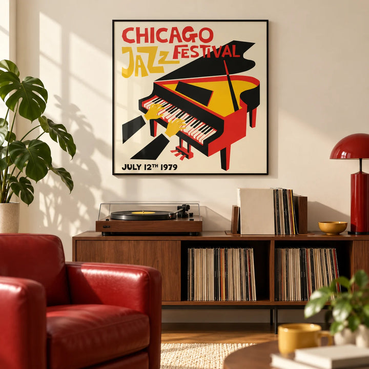 Jazz Festival Poster, framed on the wall of a music lover's living room with a cream wall