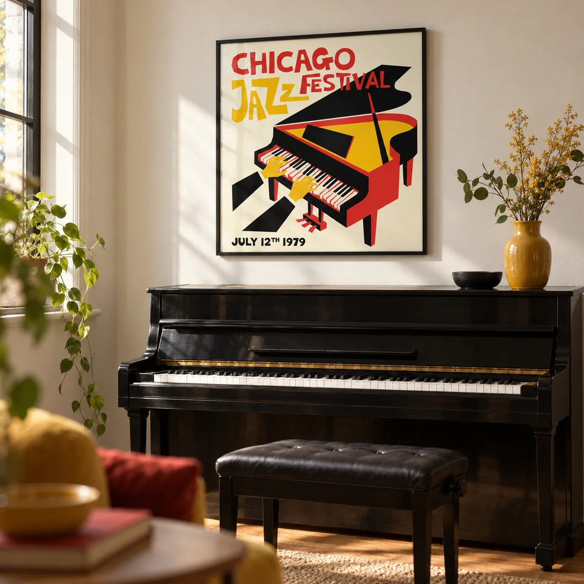 Jazz Festival Poster, framed on the wall of a piano corner
