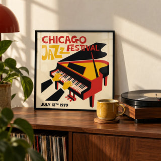 Jazz Festival Poster, a small A4 framed print leaning on a shelf in a living room