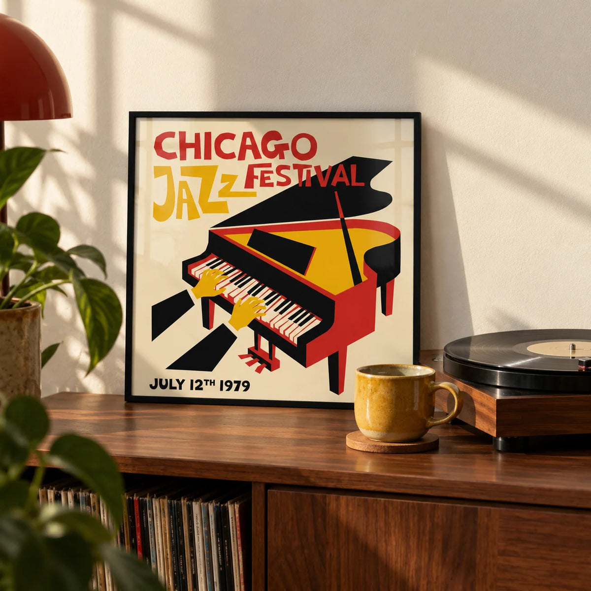 Jazz Festival Poster, a small A4 framed print leaning on a shelf in a living room