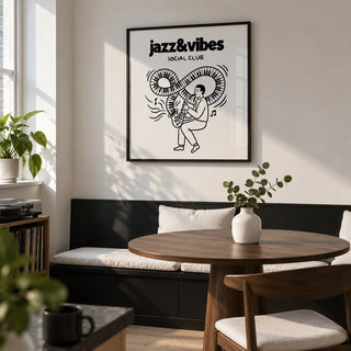 Jazz Social Club Art Print, framed on the wall of a compact modern dining nook in a UK first flat for a music lover (22-28)