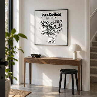 Jazz Social Club Art Print, framed on the wall of a crisp entrance hallway in a modern UK maisonette with a white wall and grey concrete floor